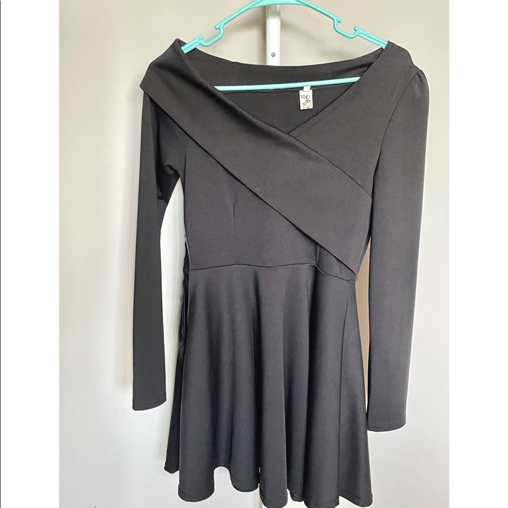 Long Sleeve Adymetrical Mini Dress in Black